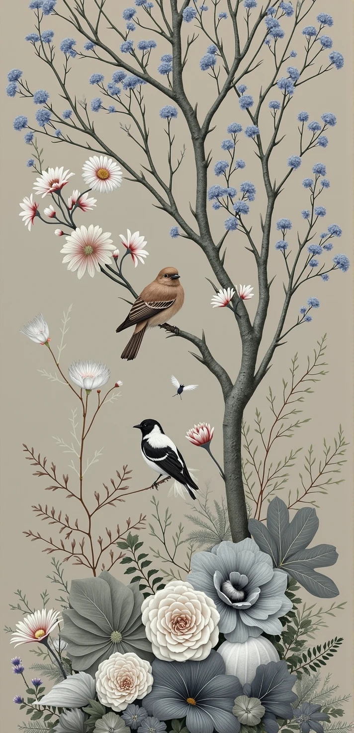 Detailed and elegant wallpaper design inspired by nature. The layout includes a tall tree with branches extending across the top of the image, decorated with blue and white flowers. A bird with a light brown body and a white head sits on one of the branches. Below is a variety of foliage, including large leaves and ferns in shades of gray and white. A white bird with a black head is at the bottom left, surrounded by flowers and plants. The background is a muted beige color, monochromatic and clean. The overall style is sophisticated and serene, with a harmonious blend of natural elements and soft colors 