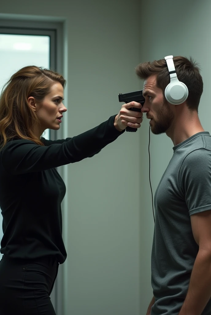 (photorealism:1.2), A woman in a black shirt and pants is pointing a gun at a man in a grey shirt who is wearing a white headset.