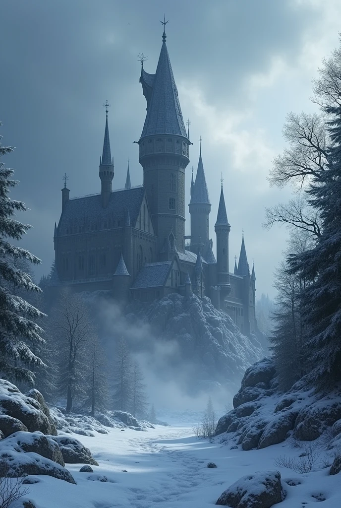 Make a scenery with a castle at the back, snowy and dark fantasy color