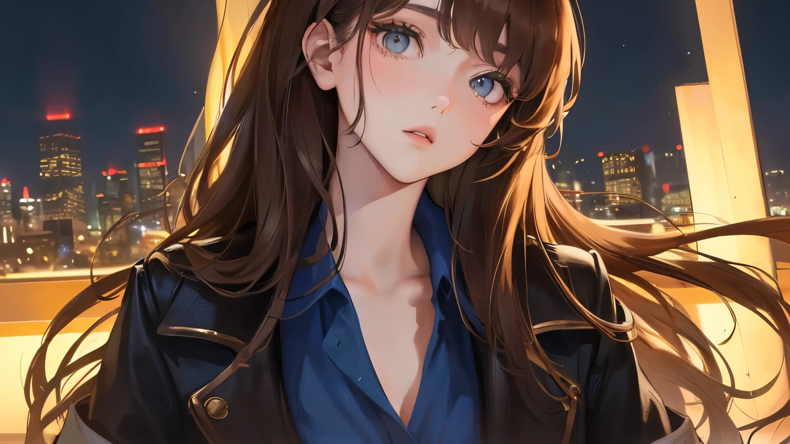 (((Night Background)))、(((Tilt your head)))、((1 person)),Masterpiece,best quality, (())),,((Navy blue blouse))、((Expressionless))、((Brown Hair)),determined expression, Upper body diagram、 (Highest Resolution、Clear_image)、Best Quality、Light and shadow contrast、((Backlight))、Very detailed、Semi-realistic、Semi-long hairstyle、、bangs、19 years old、 Young lady,,young、((View from the front))、Delicate Facial Features