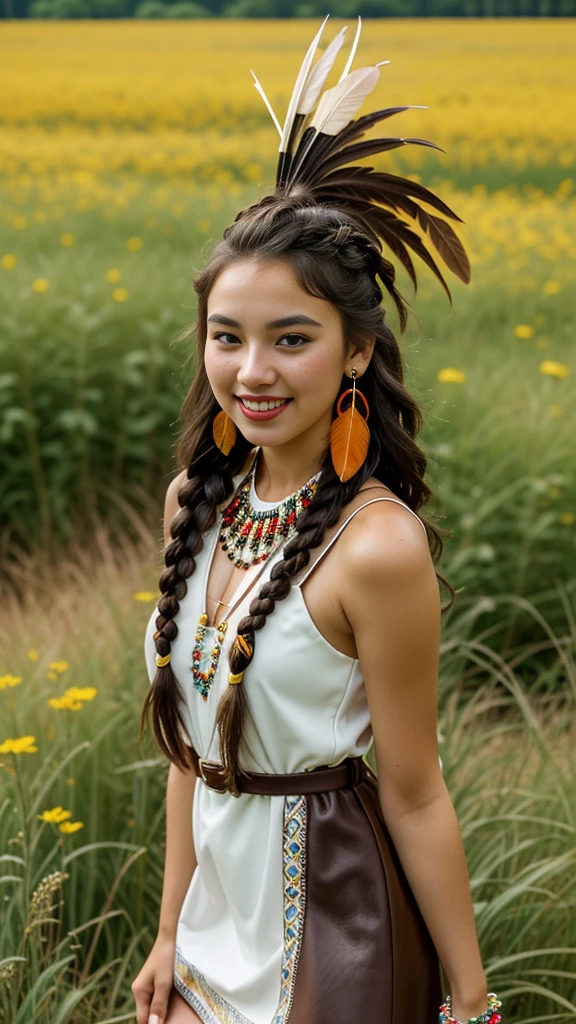 chubby 25 year old Poahontas, pale white skin, freckles, bright red lips, ((native beads, feather earings, dark braided hair)), brown eyes, smiling, perfect beauty, posing in field of flowers, ((short brown leather dress with native decorations)), long legs, exposed thighs,
