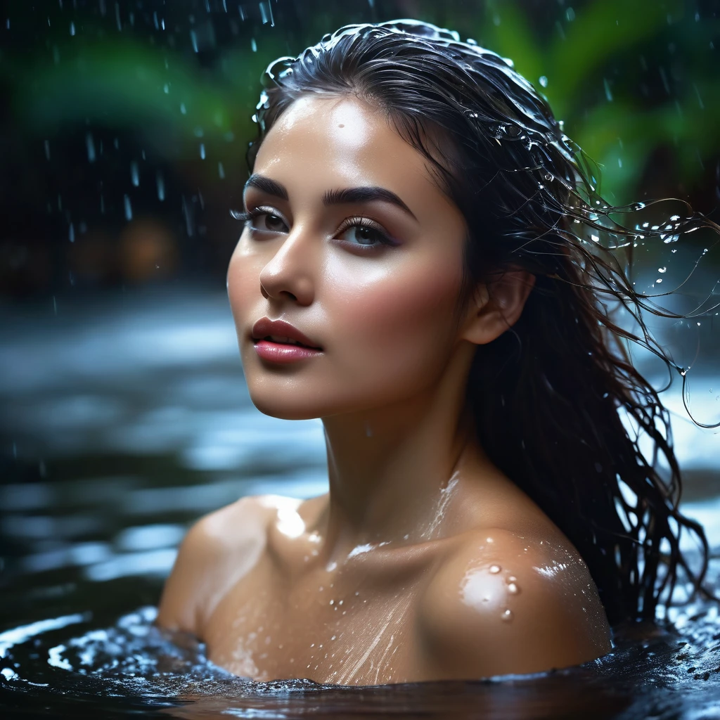 (Best quality, 4k, Masterpiece :1.3), pretty Indian woman, hyper realistic, 1girl, (massive breasts, attractive body :1.2), abs :1.1, dark brown hair: 1.1, (rainy wet, wet from rain, wet body :1.2), ultra-detailed face, detailed lips, detailed eyes, double eyelid, sultry low neck gown, open cleavage, hanging breasts, front pose, visible curves, bed, naked