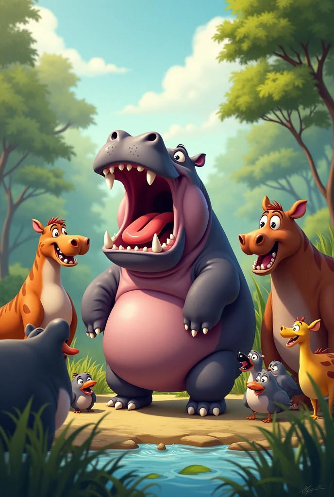 Unfortunately, the hippo could not sing either. Only awful noises came out of his mouth. Other animals around heard the noises and gathered around the hippo. They made fun of him trying to sing like a bird.