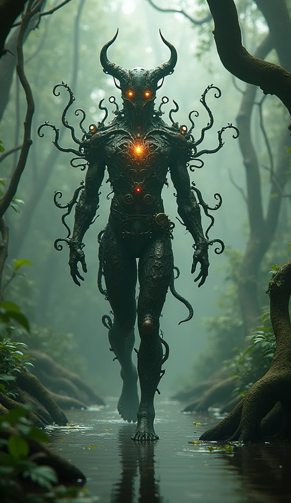 A golden humanoid plant with human bone armor, roots for feet, and control of the four elements.
