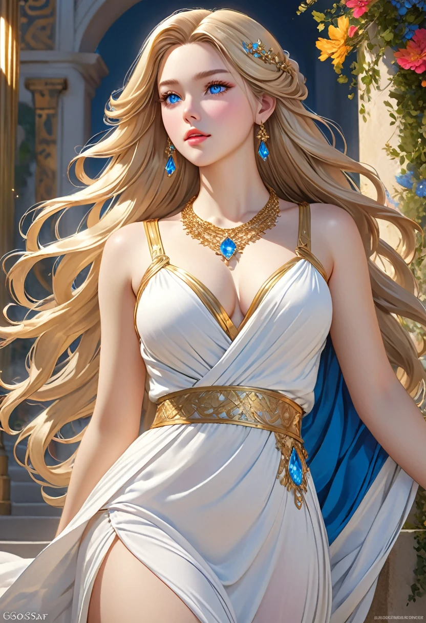 ((best quality)), ((artwork)), ((extremely detailed face)), ((perfect lighting)), ((extremely detailed CG)), ((perfect hands, perfect anatomy)), Sex/Gender= Female
Aliases= Dawnstar, Your Grace, Princess
Age= 20
Pronouns= Her/She
((Hair= Light Blonde, quite long, abundant))
((Eyes= Jewel Blue))
Features= Lean, curvy, ((ligh skin)) , younger , exceedingly beautiful, delicate features, full lips
Height= 5'5"
Clothing= Long sleeveless white dress greek style, wide gold necklace around her body to the waist.]
