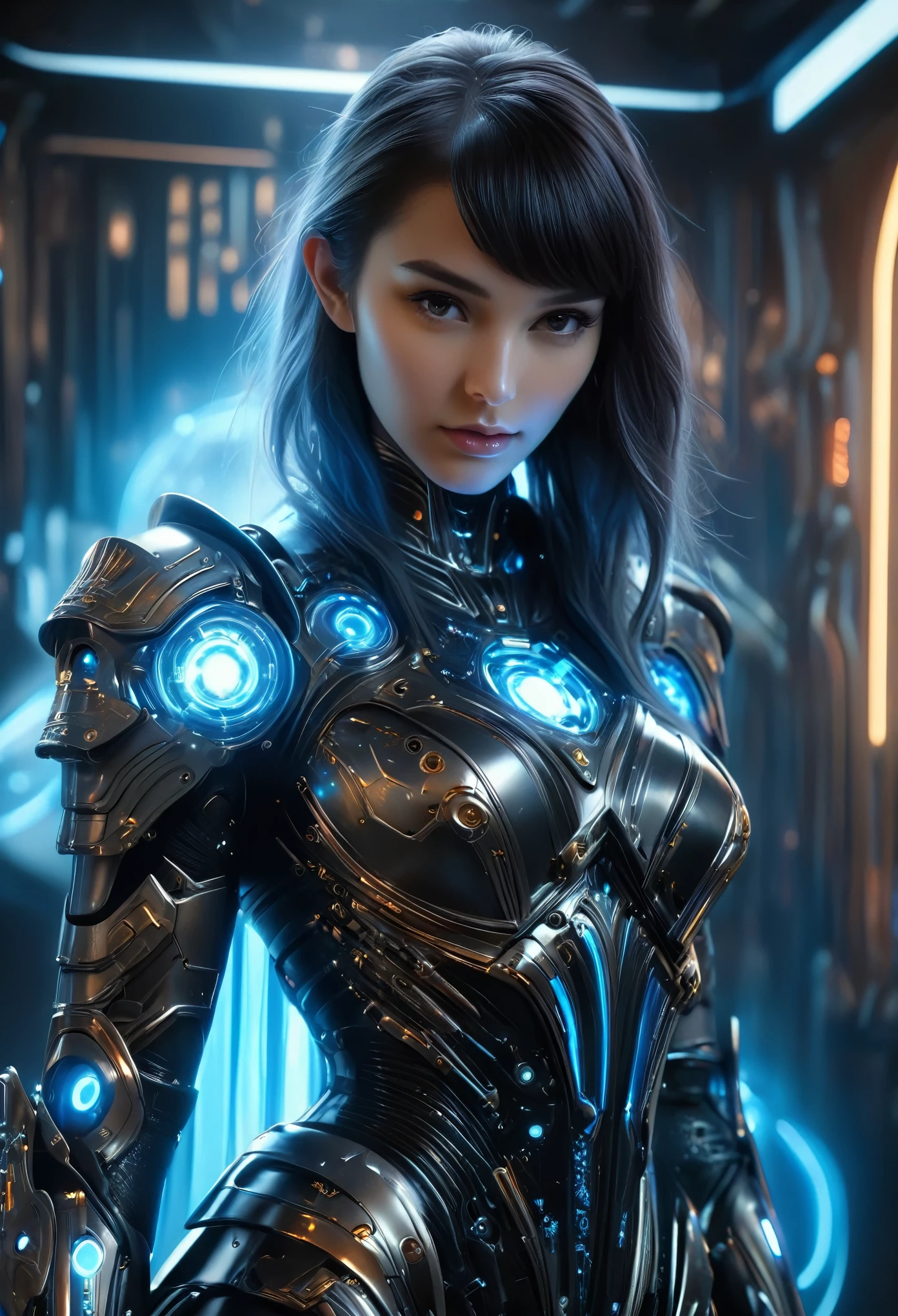 (Best Quality, 4K, 8K, High Resolution, Masterpiece: 1.2), (Super Detailed, Realistic, Photorealistic:1.37), A woman in futuristic clothing, (erotic and sexy:1.4), Trending on cgstation, Trending on cgstation, (Portrait of a girl in the Knights of the Zodiac:1.4), (blunt bangs:1.7), Cute Cyborg Girl, Perfect android girl, Portrait Astronaut Girl, Beautiful girl cyborg, Girl wearing black pale blue iridescent mechanical cyber armor, Game CG, cgsociety and fenghua zhong, Beautiful Cyborg Shrine Maiden, Bioluminescence, (Gal Gadot:0.6), Anatomically correct grip, Anatomically correct four fingers and one thumb, (long claws:1.4), erotic and sexy, A gorgeous cape with beautifully detailed embroidery, energy ball, white back, concept art