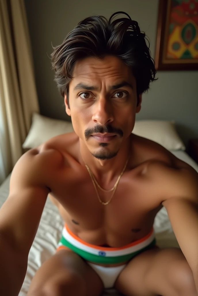 An Indian actor shah rukh khan wearing indian flag color bra and panty, he is shying and making selfie background is room