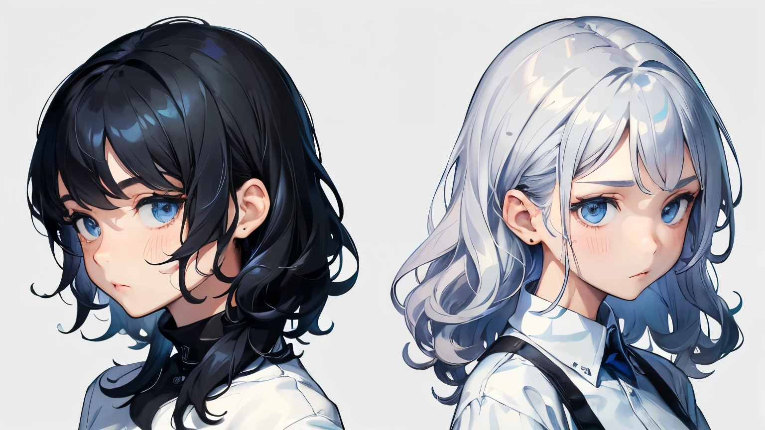 1 man (silver hair, short hair, curly hair, blue shirt), 1 woman (black hair, long hair, waves, white shirt), upper body composition, side angle, no background, two people back to back (man and woman), sad Expression, highest quality, masterpiece
