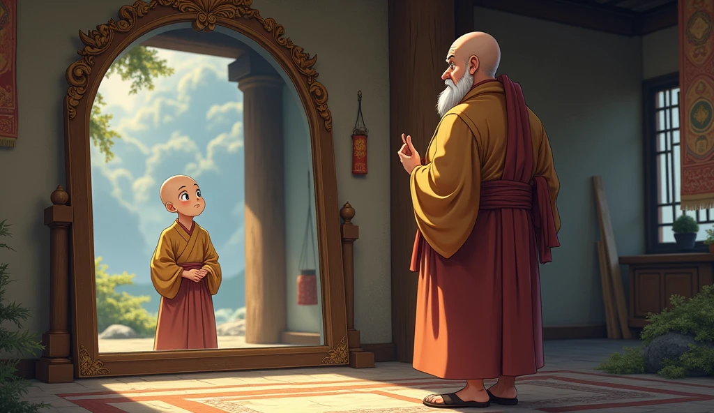 Young monk student looking at large mirror and his reflection is showing at mirror which is hanging inside room and next to him his master monk is standing who looks fat but wisdom full , in anime style,