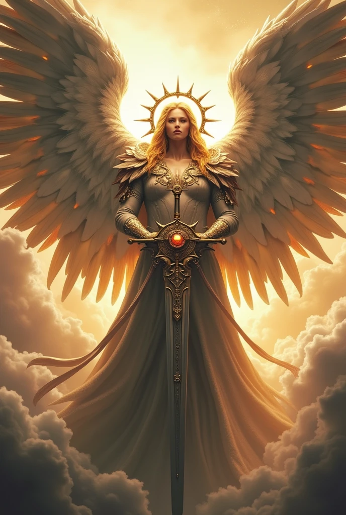 A huge angel with his eyes covered and two wheels around his head with eyes and hair of light and huge wings with a sword in his hands 