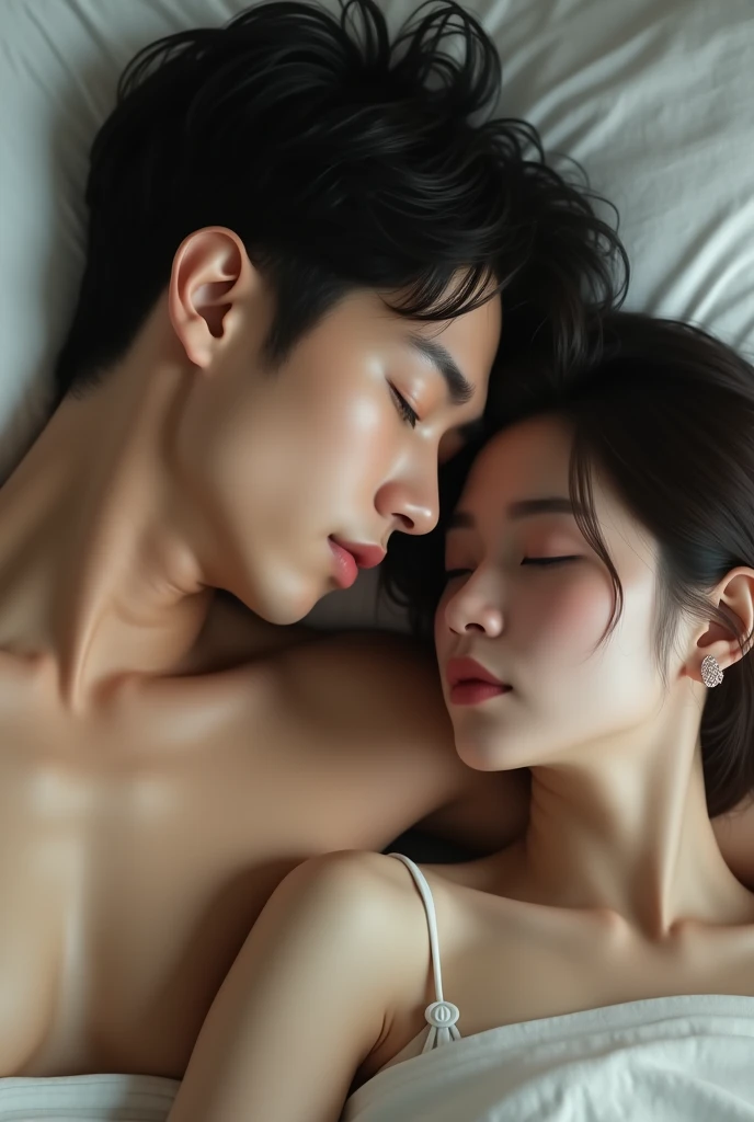 realistic photo, Japanese woman and Chinese man, 25 years old, bare, short hair, Sleeping on top of each other, Detailed face and body, natural light, high resolution, photorealistic, (best quality,8k,height,Masterpiece:1.2),Very detailed,(realistic,photorealistic,photo-realistic:1.37),realistic skin texture,Detailed eyes and lips,Beautifully detailed face,Long eyelashes,Smooth skin,natural shape