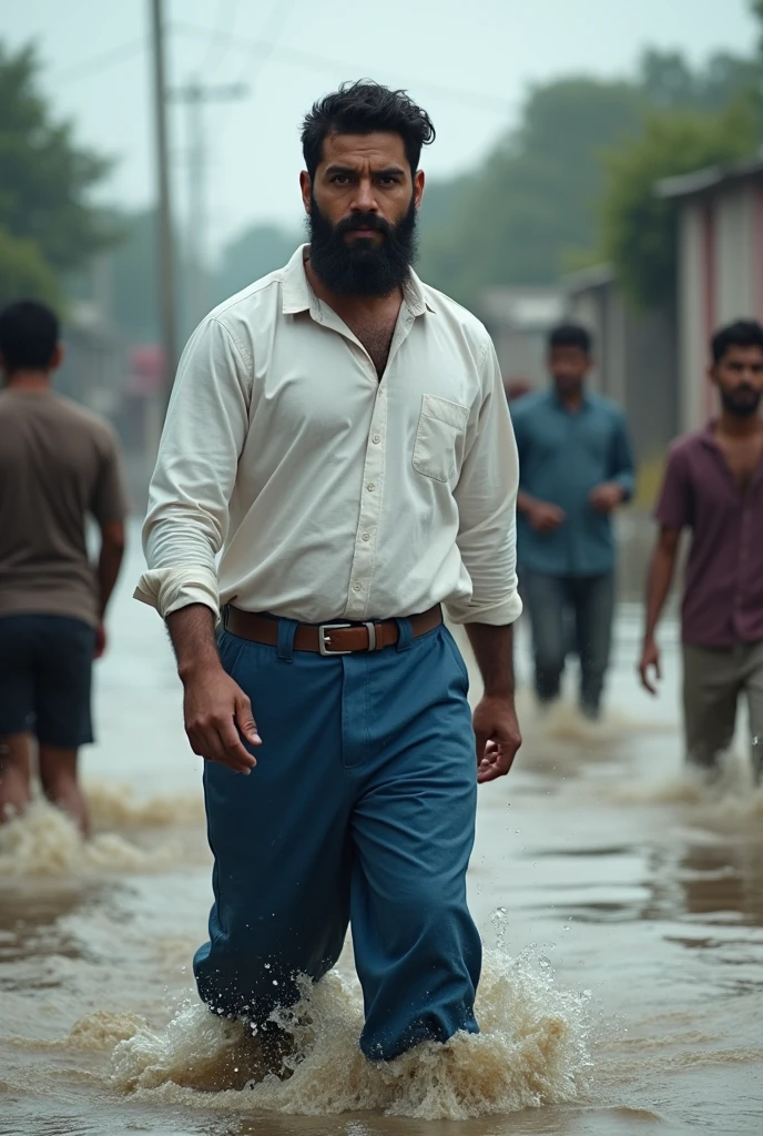 A man with dark hair and beard 30 year old wearing plain full hand white shirt and thick blue pant they helping people in flood