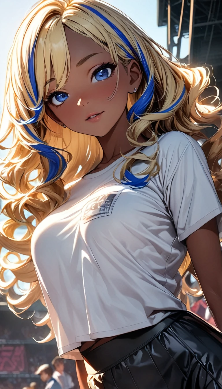 (highest quality:1.2, Very detailed, up to date, Vibrant, Ultra-high resolution, High Contrast, masterpiece:1.2, highest quality, Best aesthetics), Portraiture、girl、slim, Bright colors、Beautiful fine details、Beautiful lip detail、long hair, ((wavy hair:0.4))、messy hair, blonde and blue ((streaked hair:1.3)), highlights hair: 1.3, midium breast, (tan skin:1.3), 、t-shirt、Holding and petting a cat on the sofa, cowboy shot,