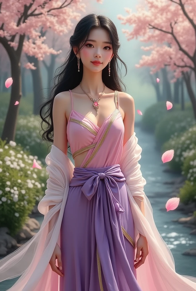 Full-body image in the wind of stars blowing small white flower petals. Full-body image of a beautiful, sweet young woman, 25 years old, wearing a sweet pink-purple Thai Dusit dress, purple sarong with gold trim, white silk shawl, sparkling, long black hair, tied loosely, wearing a necklace and earrings adorned with pink diamonds. The scene is beautiful like a dream, a white and pink jasmine garden, a small, beautiful stream, sparkling light. Three-dimensional image, oil painting, art painting by Ajarn Chalermchai.