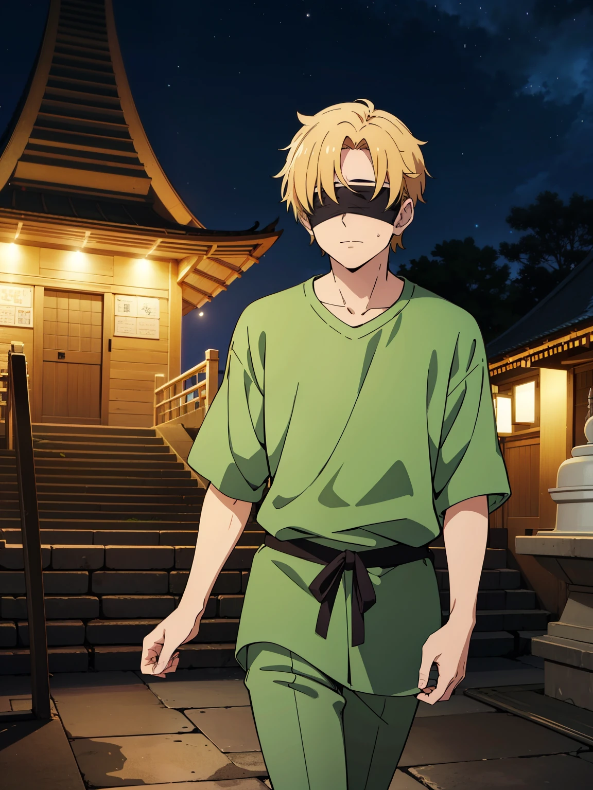 1boy, blind fold, blonde, green outfit, balinese, stupa, night, windy