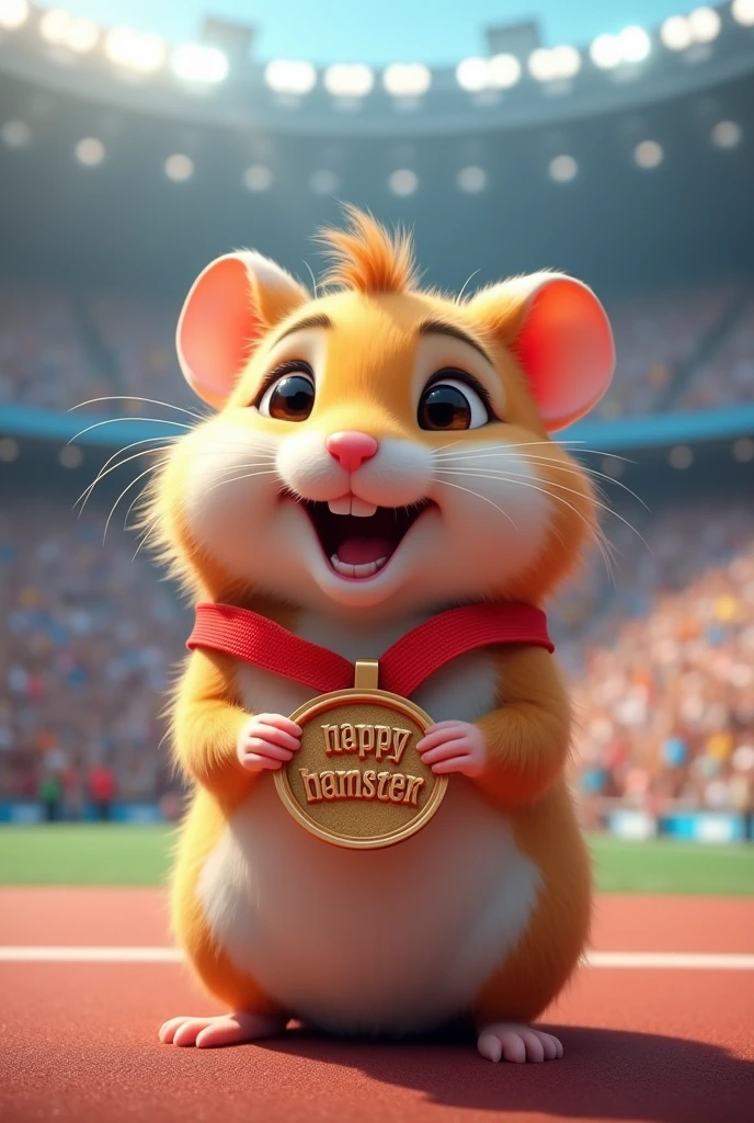 Happy hamster in a large crowd of a olympic game and putting on a bronze reward around neck in an Olympic hall, and "happy hamster" was written on the bronze reward