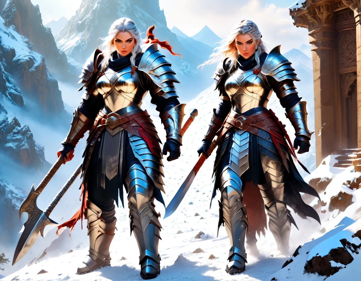 aa fantasy art illustration of a female giant knight armed with a ((mighty battleaxe: 1.5)) standing at the temple gates built on snowy mountain, (((she is as tall as the mountain: 1.3))) a wild beautiful, exotic beautiful giant knight, ((anatomically correct: 1.5), (ultra detailed face: 1.2), best detailed face, dynamic hair color, dynamic hair style, armed with a giant axe, shiny axe, its blade reflects the sunlight, studded with gems, wearing metal armor, dynamic armor color, wearing high heeled boots, standing near a fantasy temple, magnificent temple, with a tower, on snowy mountain (((she is as tall as the mountain:1.3))), vibrant, Hyperrealism style, vibrant, Ultra-high resolution, High Contrast, (masterpiece:1.5), highest quality, Best aesthetics), best details, best quality, highres, ultra wide angle, 16k, [ultra detailed], masterpiece, best quality, (extremely detailed) RAW, rpg portrait battleaxe 