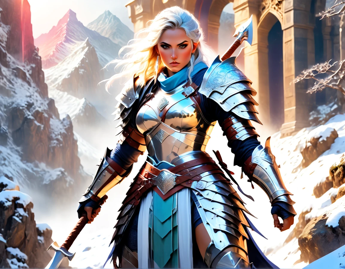 aa fantasy art illustration of a female giant knight armed with a ((mighty battleaxe: 1.5)) standing at the temple gates built on snowy mountain, (((she is as tall as the mountain: 1.3))) a wild beautiful, exotic beautiful giant knight, ((anatomically correct: 1.5), (ultra detailed face: 1.2), best detailed face, dynamic hair color, dynamic hair style, armed with a giant axe, shiny axe, its blade reflects the sunlight, studded with gems, wearing metal armor, dynamic armor color, wearing high heeled boots, standing near a fantasy temple, magnificent temple, with a tower, on snowy mountain (((she is as tall as the mountain:1.3))), vibrant, Hyperrealism style, vibrant, Ultra-high resolution, High Contrast, (masterpiece:1.5), highest quality, Best aesthetics), best details, best quality, highres, ultra wide angle, 16k, [ultra detailed], masterpiece, best quality, (extremely detailed) RAW, rpg portrait battleaxe 