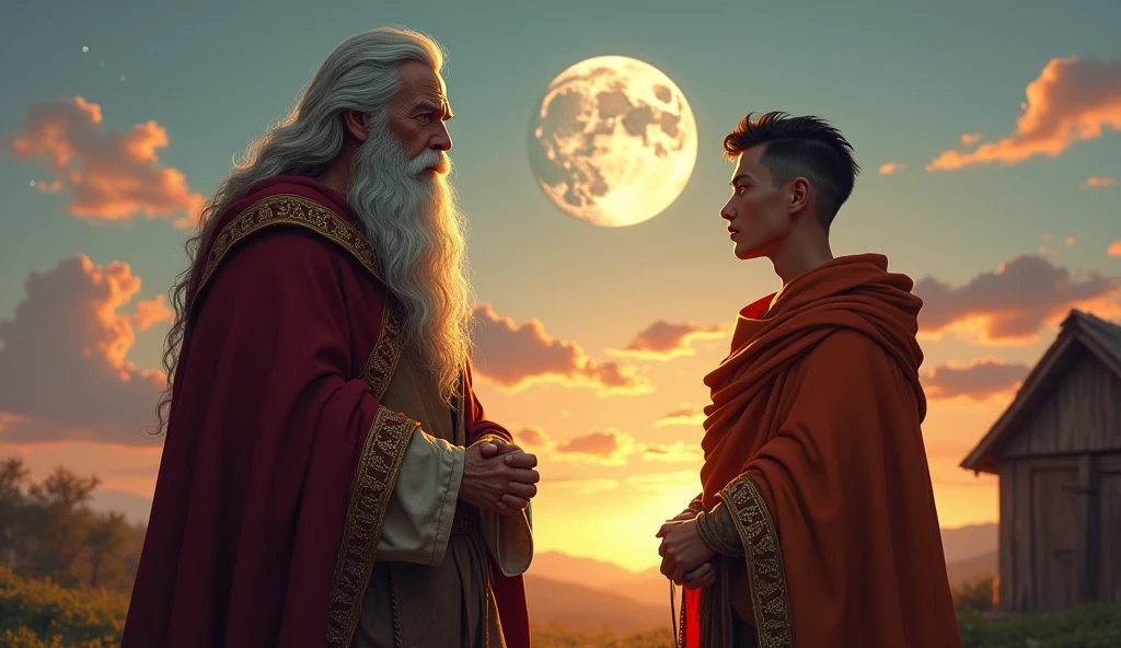 Zolani looked at his son, seeing in him the same fire that had once driven him to greatness—and to ruin. He sighed deeply, his voice carrying the weight of his past as he replied, "Mandla, my son, the power I wielded was not true power. It was born of fear and maintained through suffering.
The king is an old wise man dressed in a regal buth worn-out attire.
His son is a 23 years old man dressed in a rich vibrant robes that signify his royal heritage, he's with a low cut hairstyle.
They both are standing in the edge of the village down the evening as moon shines.