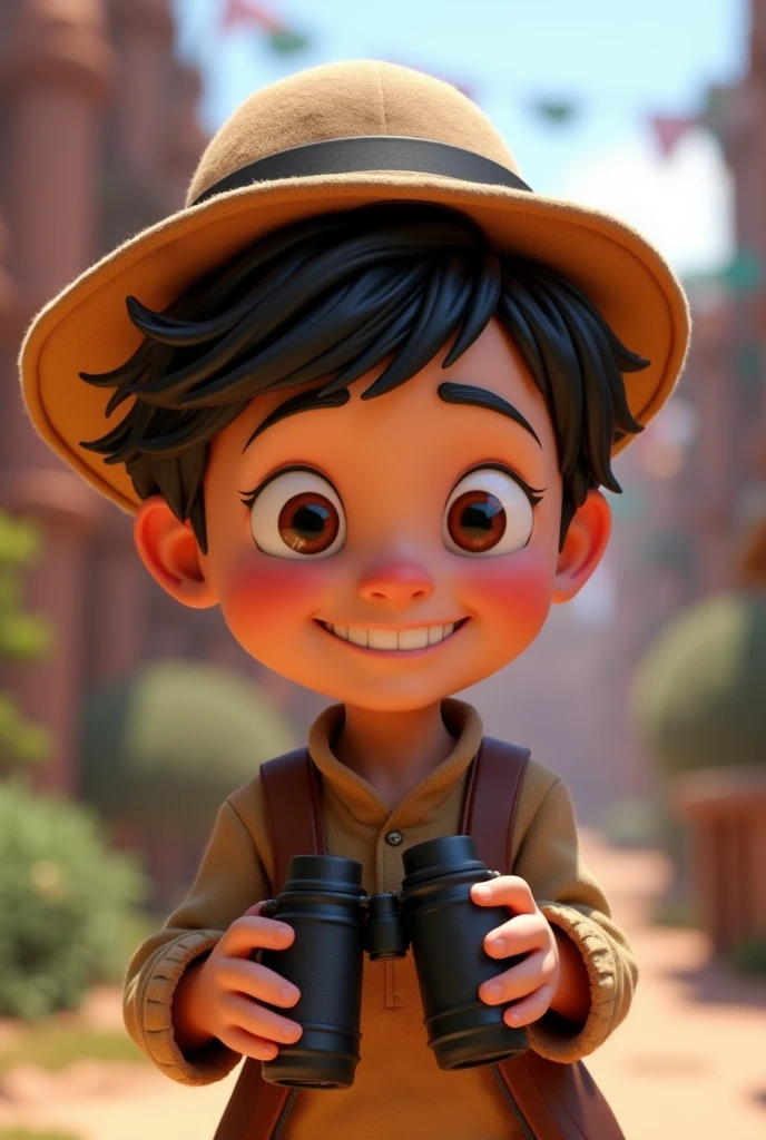 Create a 3D Disney Pixar character of a light-skinned boy with a hat and black hair, looking through binoculars with a happy smile. body facing obliquely to the left