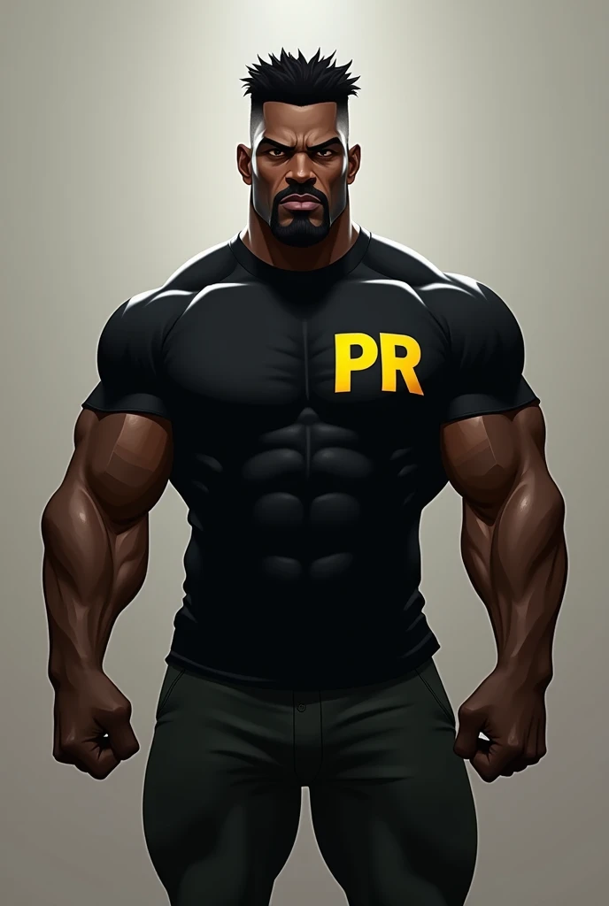 Create a little character  , dark-skinned, the gym body, with a black shirt with PR written on the right chest in yellow
