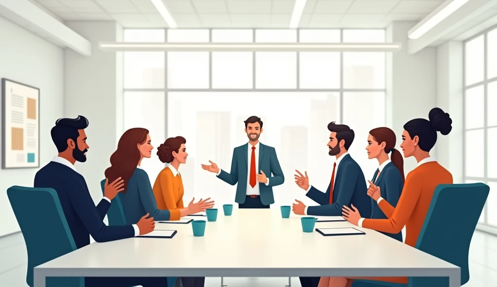 In the office,Many people sitting at the same table for a meeting,flat design