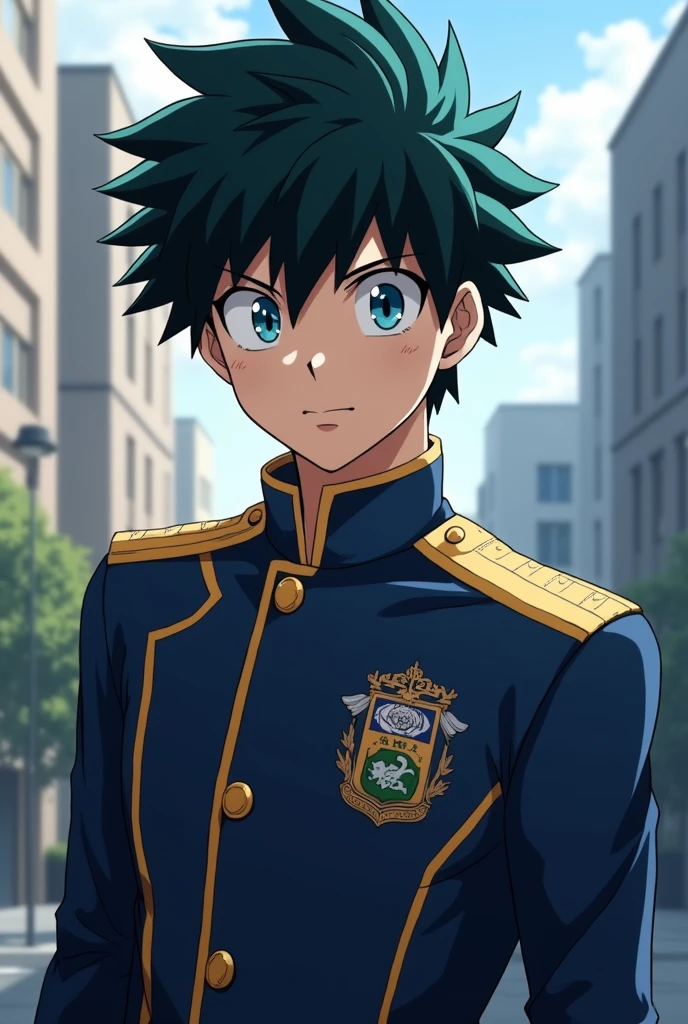 As a man with black hair and blue eyes wearing the UA uniform of mye, hero academia