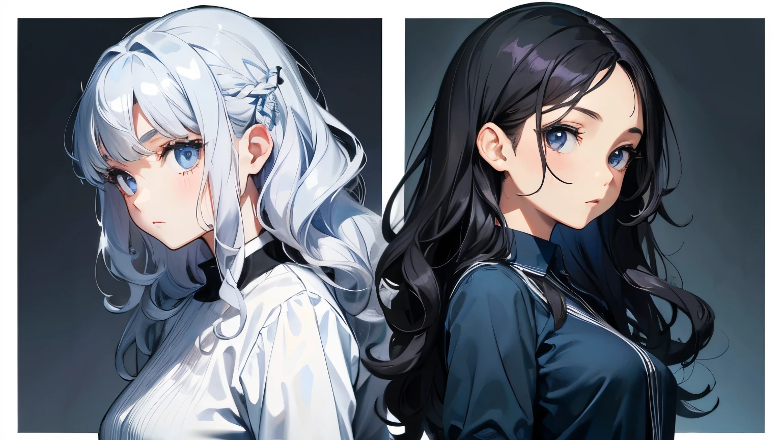 1 man (silver hair, curly hair, blue shirt), 1 woman (black hair, long hair, waves, white shirt), upper body composition, side angle, no background, two people back to back (man and woman), serious expression , top quality, masterpiece