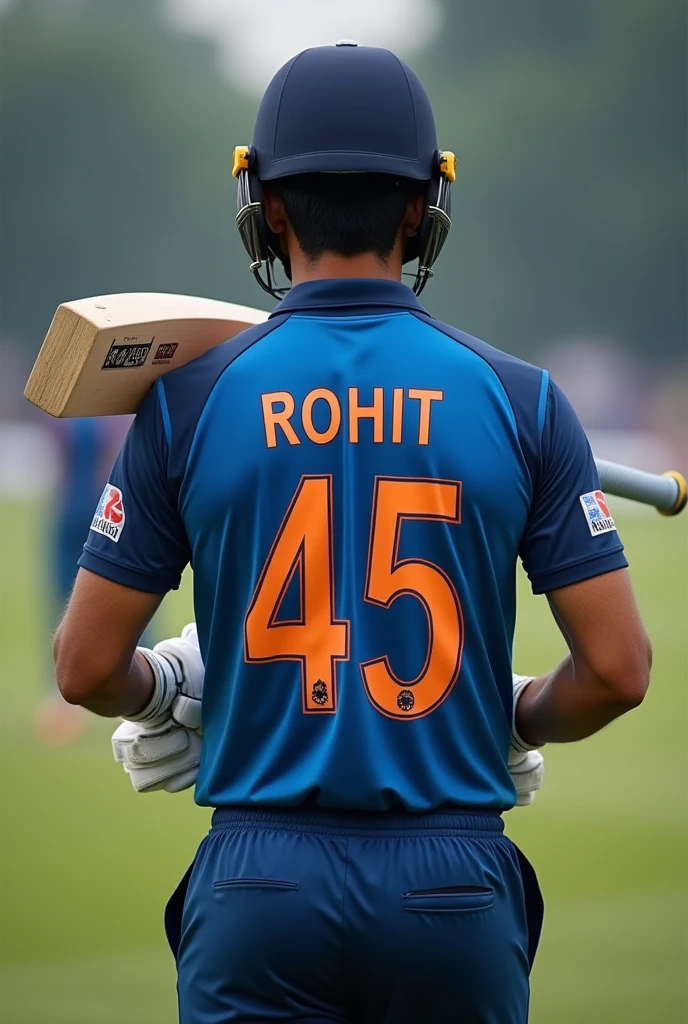 Cricketer wearing helmet and gloves with bat on his shoulder photo from back... Jersey number 45
Name rohit