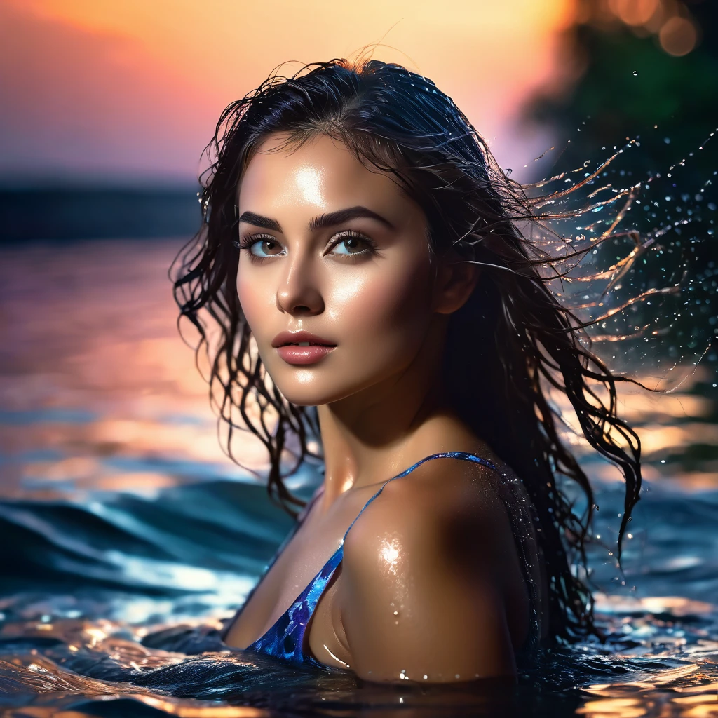 (best qualityer,4K,8k,high resolution,work of art:1.2),ultra detali,(realisitic,photorealisitic,photo-realisitic:1.37),proffesional,night time photography,a beautiful woman,skin wet,hair wet,clothes stuck to the body by water,twinkling,the moisture shines on your face,water drops curved on your skin,gentle light playing on her skin wet,luzes twinklings refletindo em sua pele,graceful pose,dark shadows creating depth and mystery,subtle but striking composition,swirly vibrant colors,powerful contrast between light and dark,ethereal atmosphere,elegant and dreamy environment,artistically composed painting,post-processing artistic effects,vivid colors with slight desaturation,subtle warm tones with a hint of cool tones,soft diffused light creating a soft, delicate glow,proffesional lighting setup,shadows gently caressing your face,soft focus emphasizing your features,meticulous attention to detail,subtle sense of movement in her hair wet,luminous eyes capturing the observer&#39;s attention,emotional expression on his face,Night sky full of stars,romantic and serene atmosphere,mysterious atmosphere,beautiful cityscape in the background,soft bokeh effect adding depth and dreaminess to the image