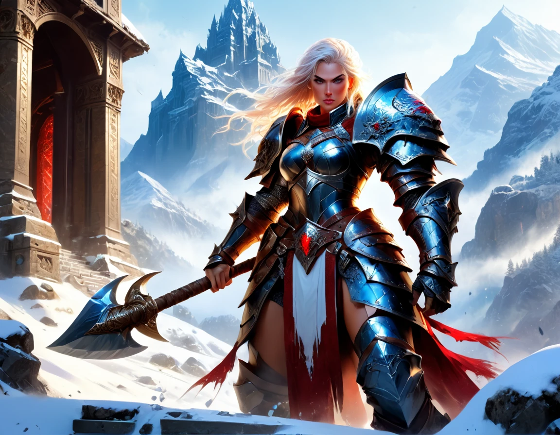 aa fantasy art illustration of a female giant knight armed with a ((mighty battleaxe: 1.5)) standing at the temple gates built on snowy mountain, (((she is as tall as the mountain: 1.3))) a wild beautiful, exotic beautiful giant knight, ((anatomically correct: 1.5), (ultra detailed face: 1.2), best detailed face, dynamic hair color, dynamic hair style, armed with a giant axe, shiny axe, its blade reflects the sunlight, studded with gems, wearing metal armor, dynamic armor color, wearing high heeled boots, standing near a fantasy temple, magnificent temple, with a tower, on snowy mountain (((she is as tall as the mountain:1.3))), vibrant, Hyperrealism style, vibrant, Ultra-high resolution, High Contrast, (masterpiece:1.5), highest quality, Best aesthetics), best details, best quality, highres, ultra wide angle, 16k, [ultra detailed], masterpiece, best quality, (extremely detailed) RAW, rpg portrait battleaxe 