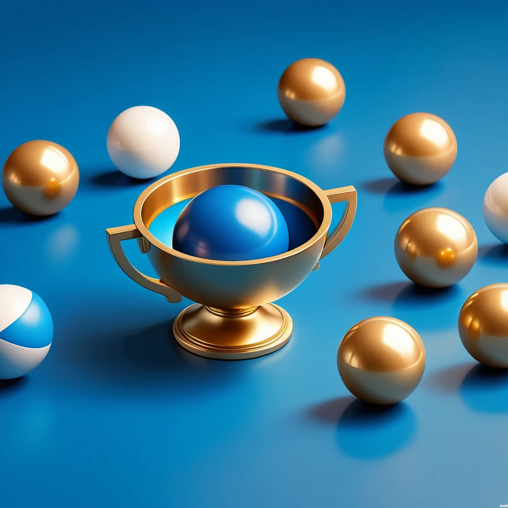 The golden trophy on the blue billiard table,  billiard balls scattered on the table, 3D icon, blind box toy style, no humans, blue background, simple background, still life, shadow, playgame, three sided view, 8k, super detail, best quality, retina, accurate