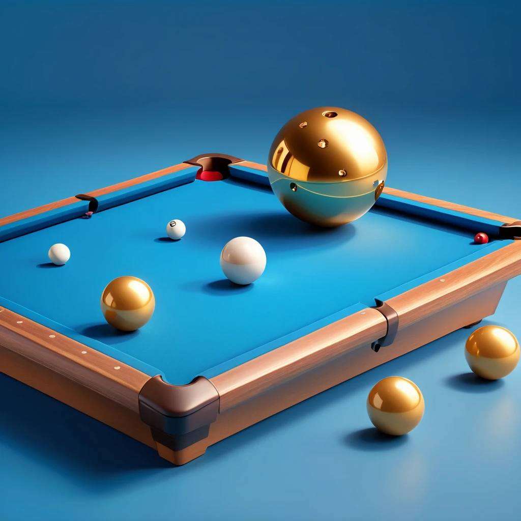 The golden trophy on the blue billiard table,  billiard balls scattered on the table, 3D icon, blind box toy style, no humans, blue background, simple background, still life, shadow, playgame, three sided view, 8k, super detail, best quality, retina, accurate