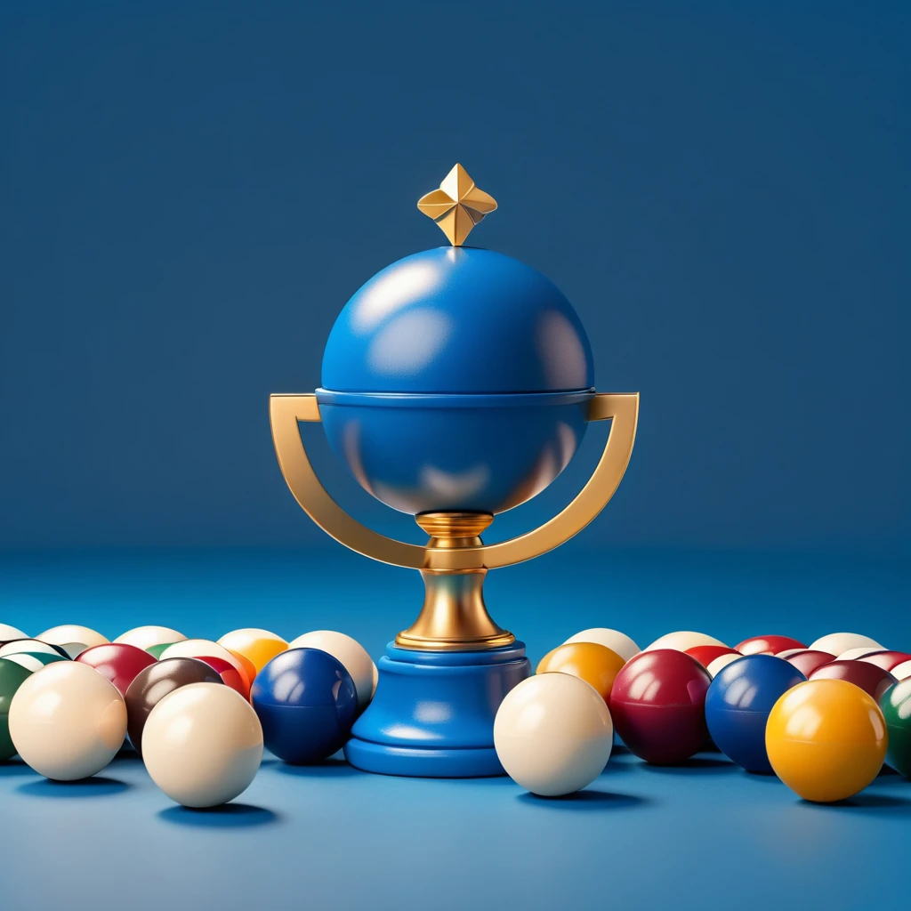 The golden trophy on the blue billiard table, billiard balls scattered on the table, 3D icon, blind box toy style, no humans, blue background, simple background, still life, shadow, playgame, three sided view, 8k, super detail, best quality, retina, accurate