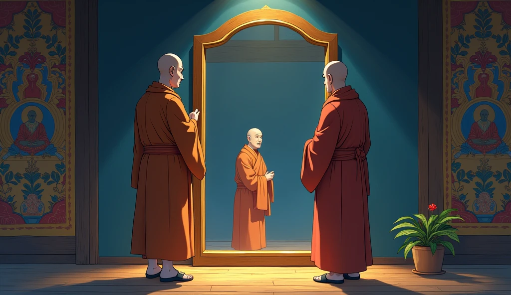 Young monk student looking at large mirror and his reflection is showing at mirror which is hanging inside room and next to him his master monk is standing who looks fat but wisdom full , in anime style,