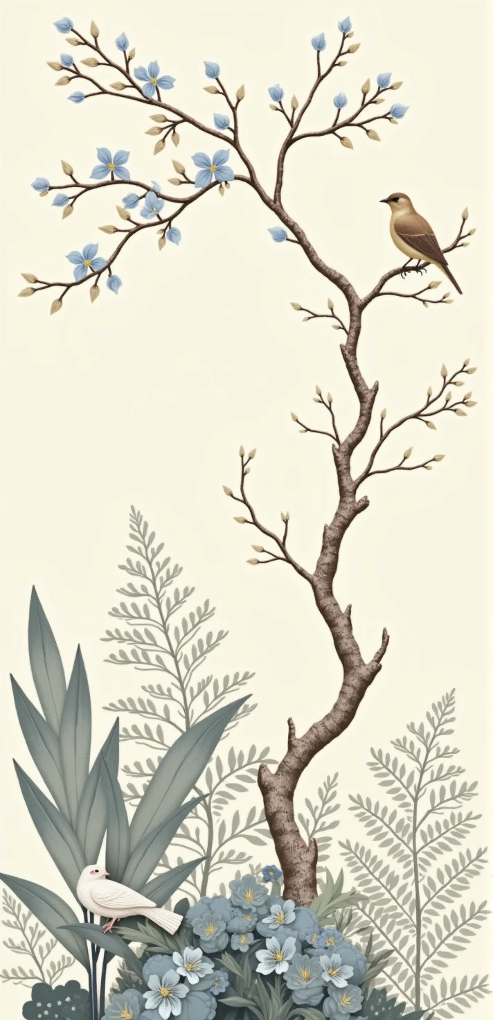 Detailed and elegant wallpaper design inspired by nature. The layout includes a tall tree with branches extending across the top of the image, decorated with blue and white flowers. A bird with a light brown body and a white head sits on one of the branches. Below is a variety of foliage, including large leaves and ferns in shades of gray and white. A white bird with a black head is at the bottom left, surrounded by flowers and plants. The background is a muted beige color, monochromatic and clean. The overall style is sophisticated and serene, with a harmonious blend of natural elements and soft colors