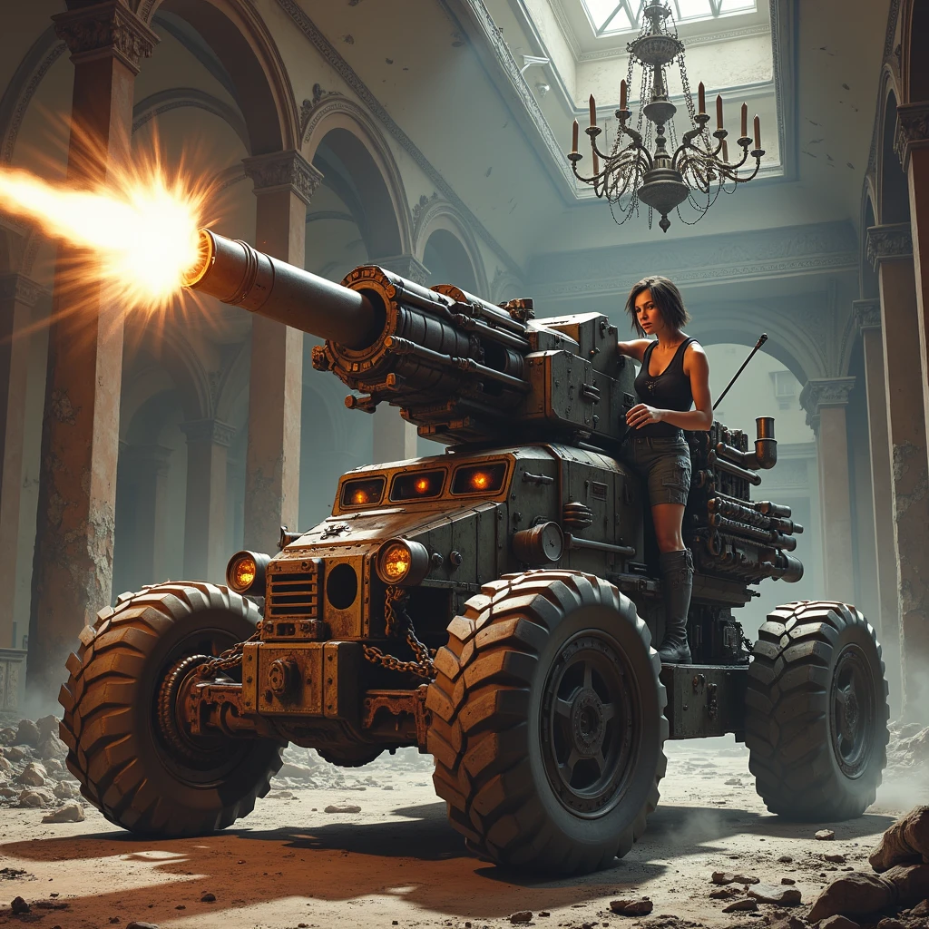 A post-apocalyptic scene set inside a grand but dilapidated hall with high ceilings, crumbling walls, and a large, broken chandelier hanging from the ceiling. In the center of the scene, a fierce woman with short, dark hair and wearing rugged combat attire is riding a colossal armored vehicle. The vehicle is the size of a small tank, with four massive, rugged wheels that have deep treads for rough terrain. The vehicle's body is heavily fortified with metal plates, covered in rust and grime, giving it a menacing appearance. It is equipped with a gigantic, mounted gatling gun that is actively firing, with bright muzzle flashes and spent bullet casings flying through the air. The gatling gun is connected to numerous ammunition belts that are draped over the vehicle and spilling onto the ground. The vehicle's exterior is adorned with spikes, barbed wire, and various makeshift armor pieces, adding to its aggressive look. The floor is littered with debris, bullet casings, and remnants of a chaotic battle. The lighting is dramatic, with rays of light streaming through the broken windows, illuminating the dust-filled air and casting long shadows, creating a gritty and tense atmosphere