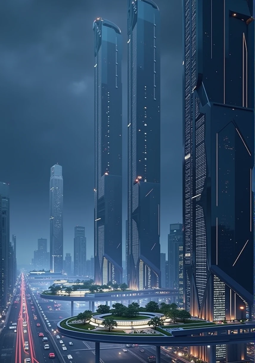 Unbelievably tall, ultra tall, multiple buildings, neon logo, neon lights, birdseye view ,art deco design,streamline moderne,futuristic architecture, Abstraction,modern style,Luxury and Luxury,dark night view,dark moody atmosphere, Futuristic decorative elements,Metallic,number line,sci-fi lamp,Virtual Engine,Unreal rendering, greenery, highways, cars, solar paneled roofs, ecofriendly, rooftop gardens,