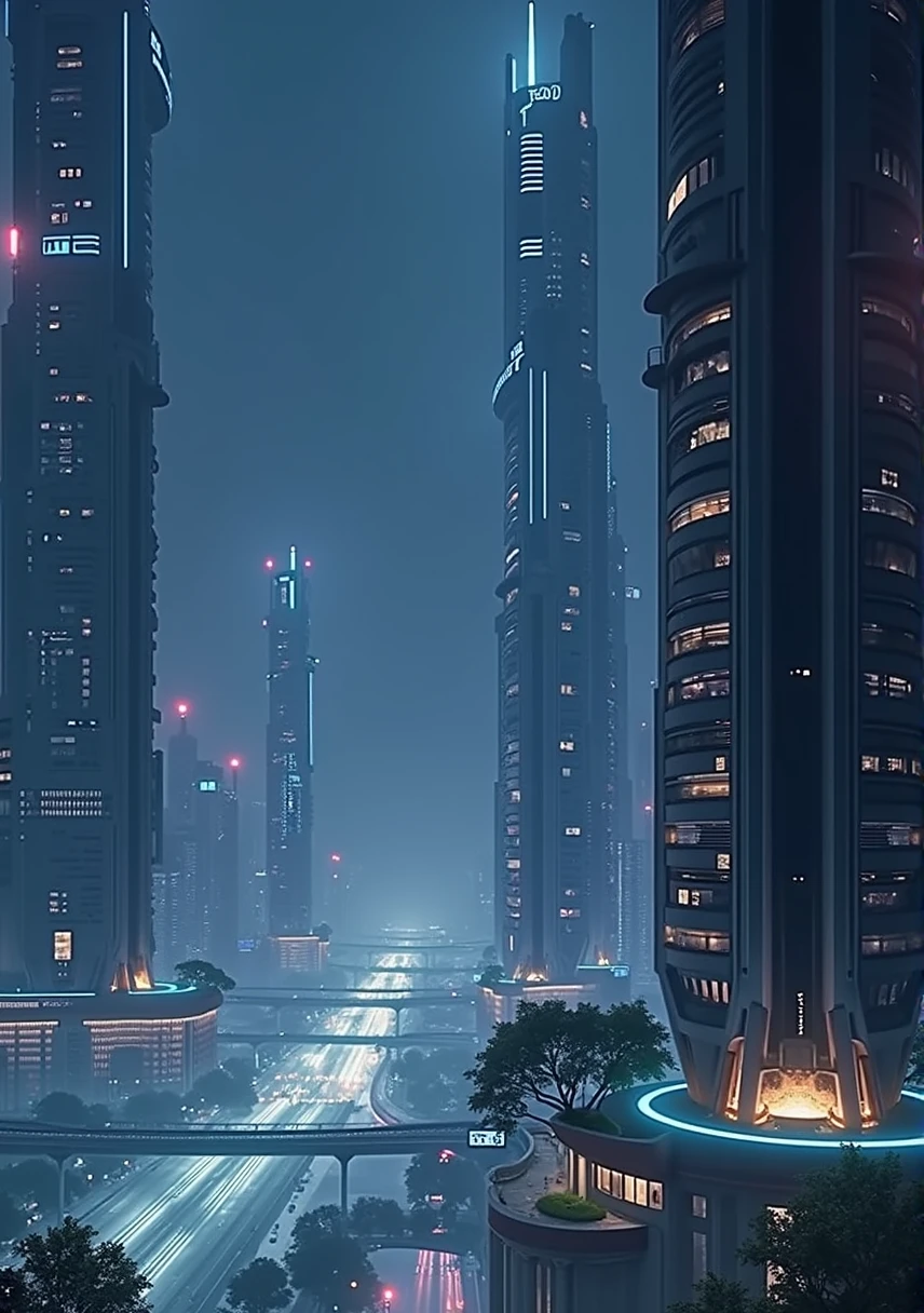 Unbelievably tall, ultra tall, multiple buildings, neon logo, neon lights, birdseye view ,art deco design,streamline moderne,futuristic architecture, Abstraction,modern style,Luxury and Luxury,dark night view,dark moody atmosphere, Futuristic decorative elements,Metallic,number line,sci-fi lamp,Virtual Engine,Unreal rendering, greenery, highways, cars, solar paneled roofs, ecofriendly, rooftop gardens,