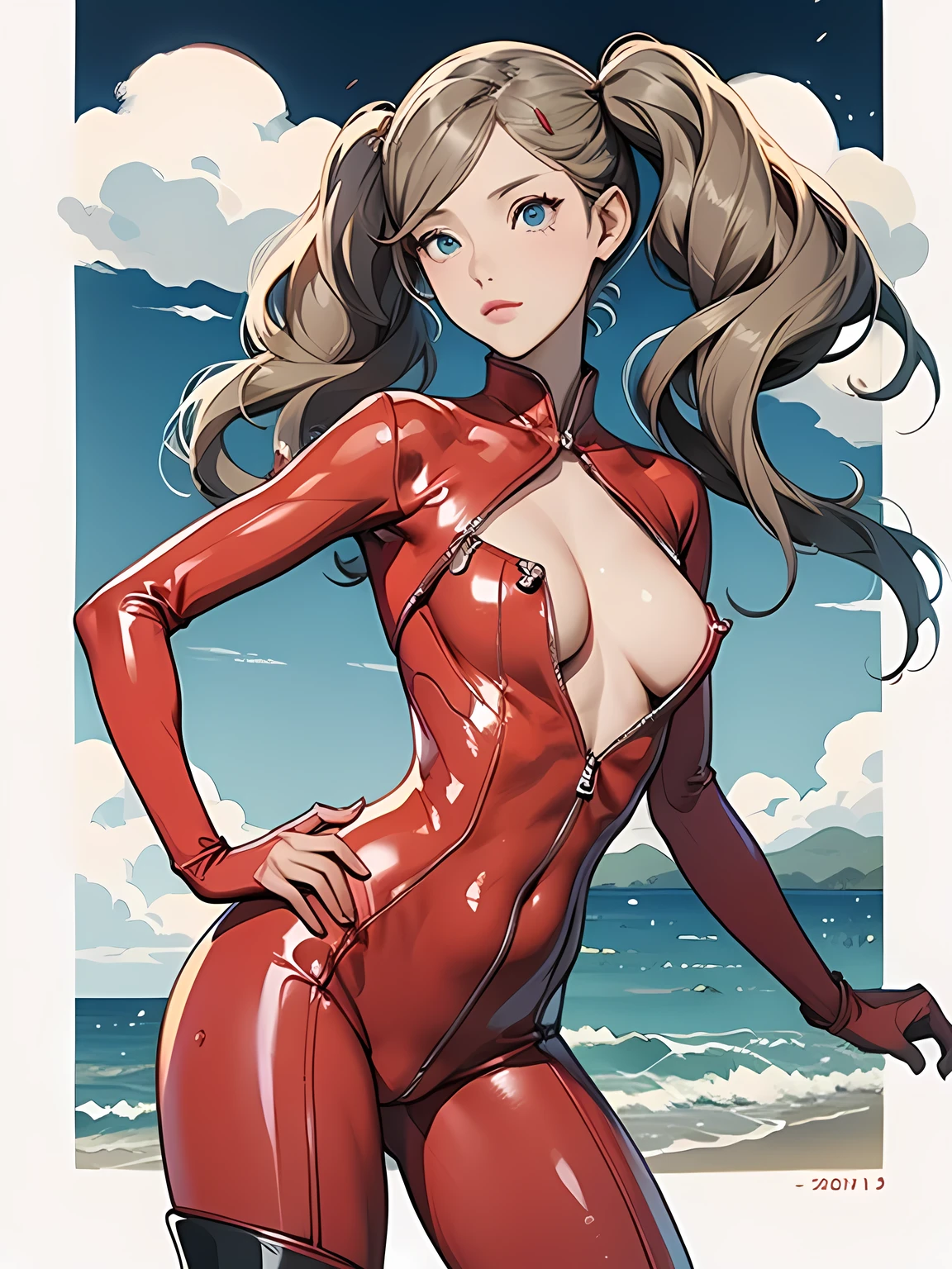 Hiroshige, Unfinished Painting, Summer resort, Ann Takamaki, red latex bodysuit, boob window, twin pigtails, Slightly slimmer body, posing like a model, (((Flat illustration))), very beautiful face:1.3, super cute, Blue sea and white clouds, (masterpiece:1.3, Highest quality:1.3)