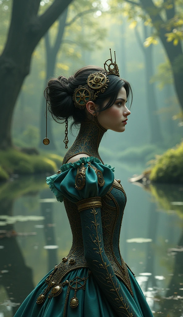 Steampunk Snow white , blending in a lake in a wood, anatomy, centered, approaching perfection, dynamic, highly detailed, artstation, concept art, smooth, sharp focus, illustration, n, unique, award winning, masterpiece, looking at viewe-- ar 9:16 , -- Chaos 100 