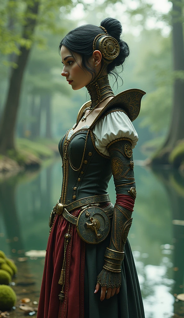 Steampunk Snow white , blending in a lake in a wood, anatomy, centered, approaching perfection, dynamic, highly detailed, artstation, concept art, smooth, sharp focus, illustration, n, unique, award winning, masterpiece, looking at viewe-- ar 9:16 , -- Chaos 100 