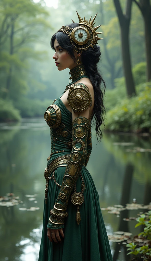 Steampunk Snow white , blending in a lake in a wood, anatomy, centered, approaching perfection, dynamic, highly detailed, artstation, concept art, smooth, sharp focus, illustration, n, unique, award winning, masterpiece, looking at viewe-- ar 9:16 , -- Chaos 100