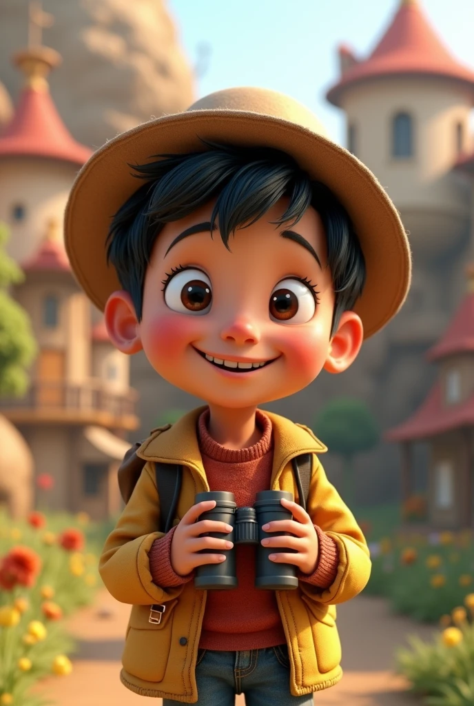 Create a 3D Disney Pixar character of a light-skinned boy with a hat and black hair, looking through binoculars with a happy smile. body facing obliquely to the left