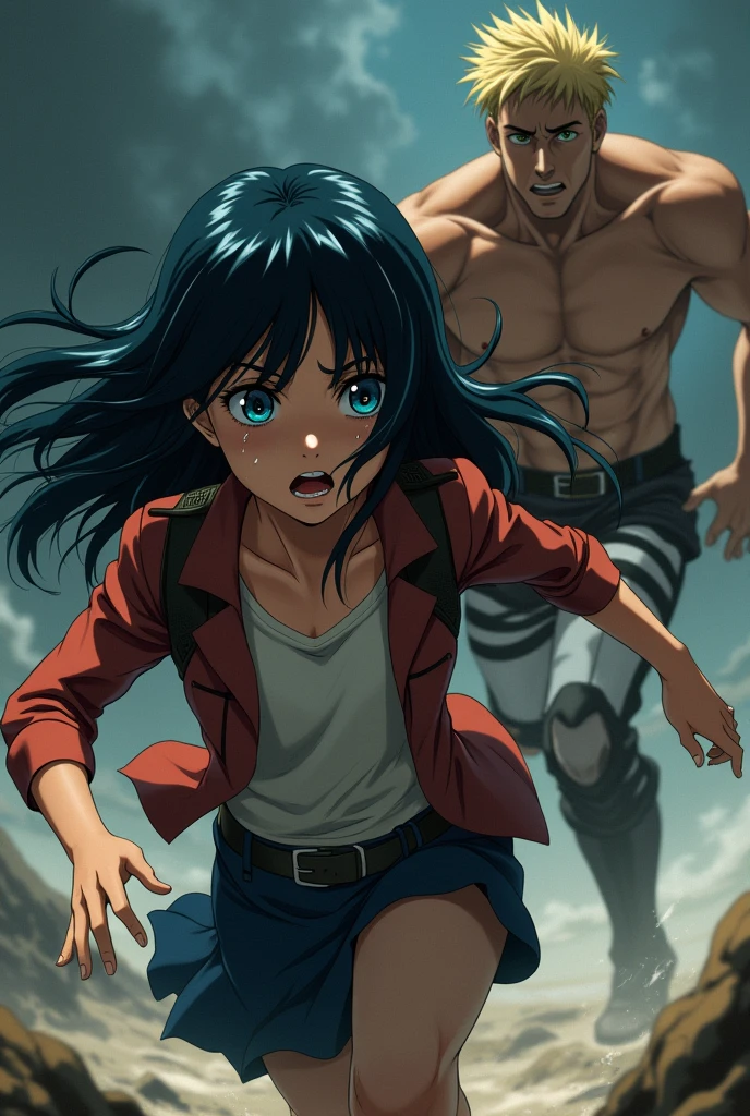 A girl with long black hair and blue eyes runs and cries after a muscular guy with short blond hair, which is gradually disappearing. anime style "Titan Attack".