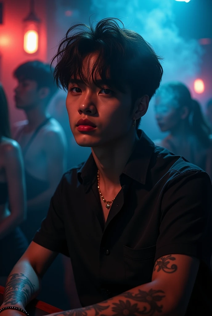 Generates an image of Kim Taehyung, member of the band BTS with tattoos, smoking in a nightclub