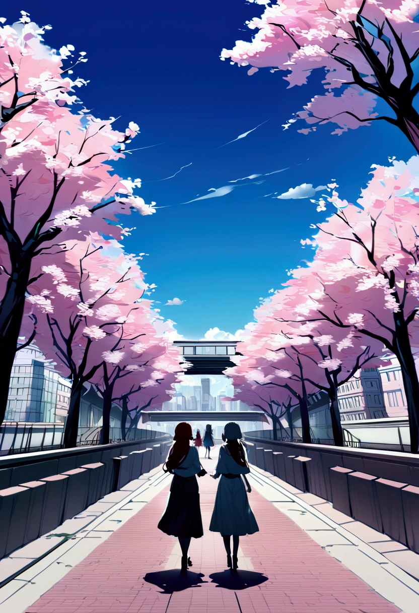 3Girls, 4k,City, Clear sky, cherry blossom trees