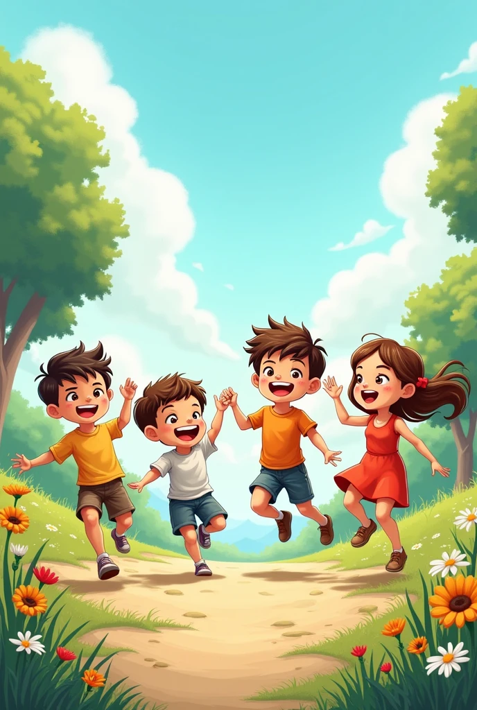 Illustration of four boys and two girls