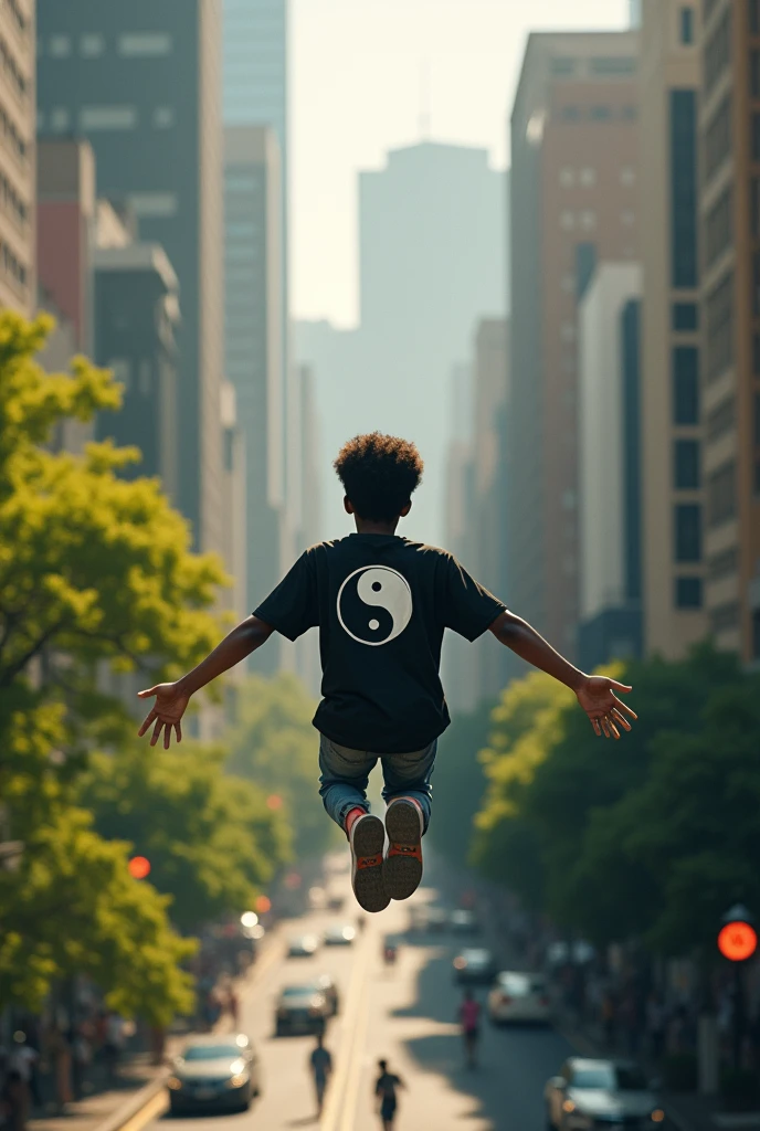 A youth boy with an adult mind, full of talents or feautures flying in a big city without wings but with hands opened up. Not far from the ground but at the middle of the large trees. Seems happy and strive for more. Hustler. A picture should look like he laid as in fly motion and the picture took from behind above him flying and the happy face is seen by him turning and smile shun. Behind. He wears a tshirt drawn a yinyang symbol. The picture is taken from behind, the yinyang symbol from the backside of the tshirt and the teenage is african american halfcast