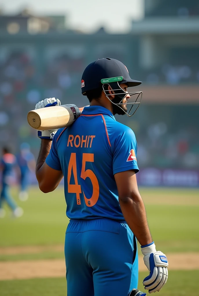 Cricketer wearing helmet and gloves with holding bat on his shoulder photo from back... Jersey number 45
Name rohit